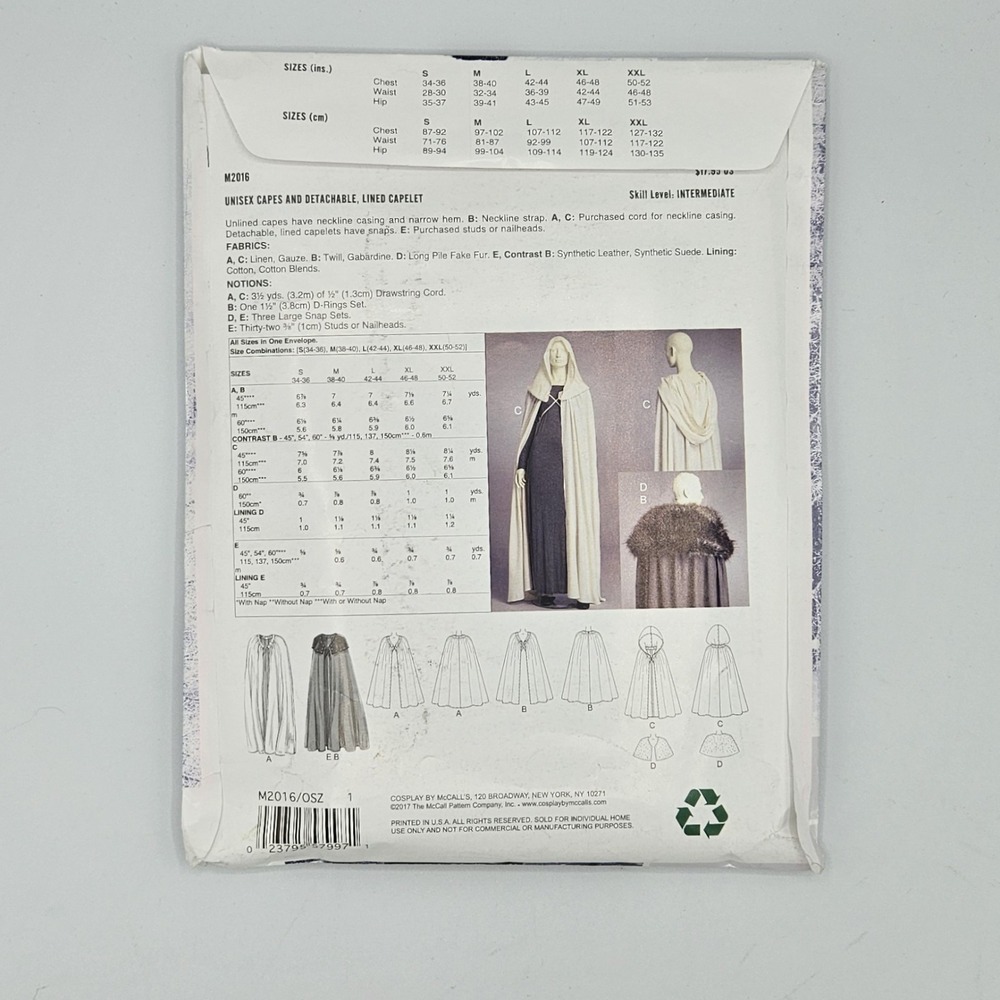 McCalls Cosplay M2016 Cloak detachable lined capelet S M L XL XXL Jedi LOTR GOT - Picture 2 of 3